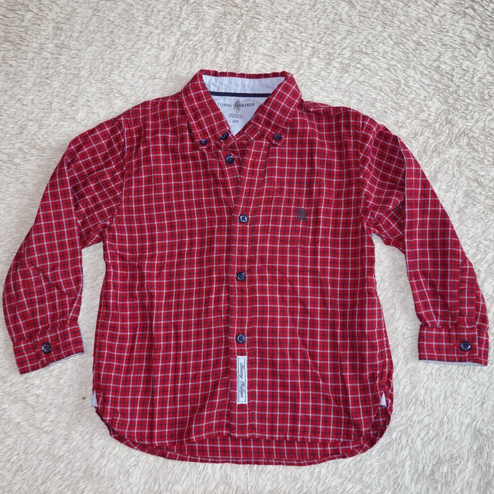 Boys Size 3T Tommy Hilfiger Red Plaid Long Sleeve Button Down Shirt, 100% Cotton